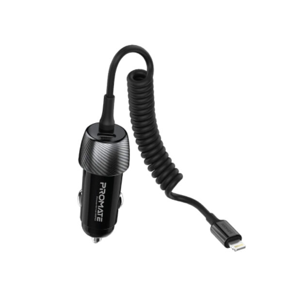 Promate Car Charger with Cable, Charger with Built-In Lightning